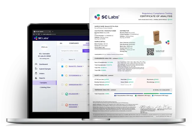 Laptop with SC Labs Client Service Portal and a sample COA