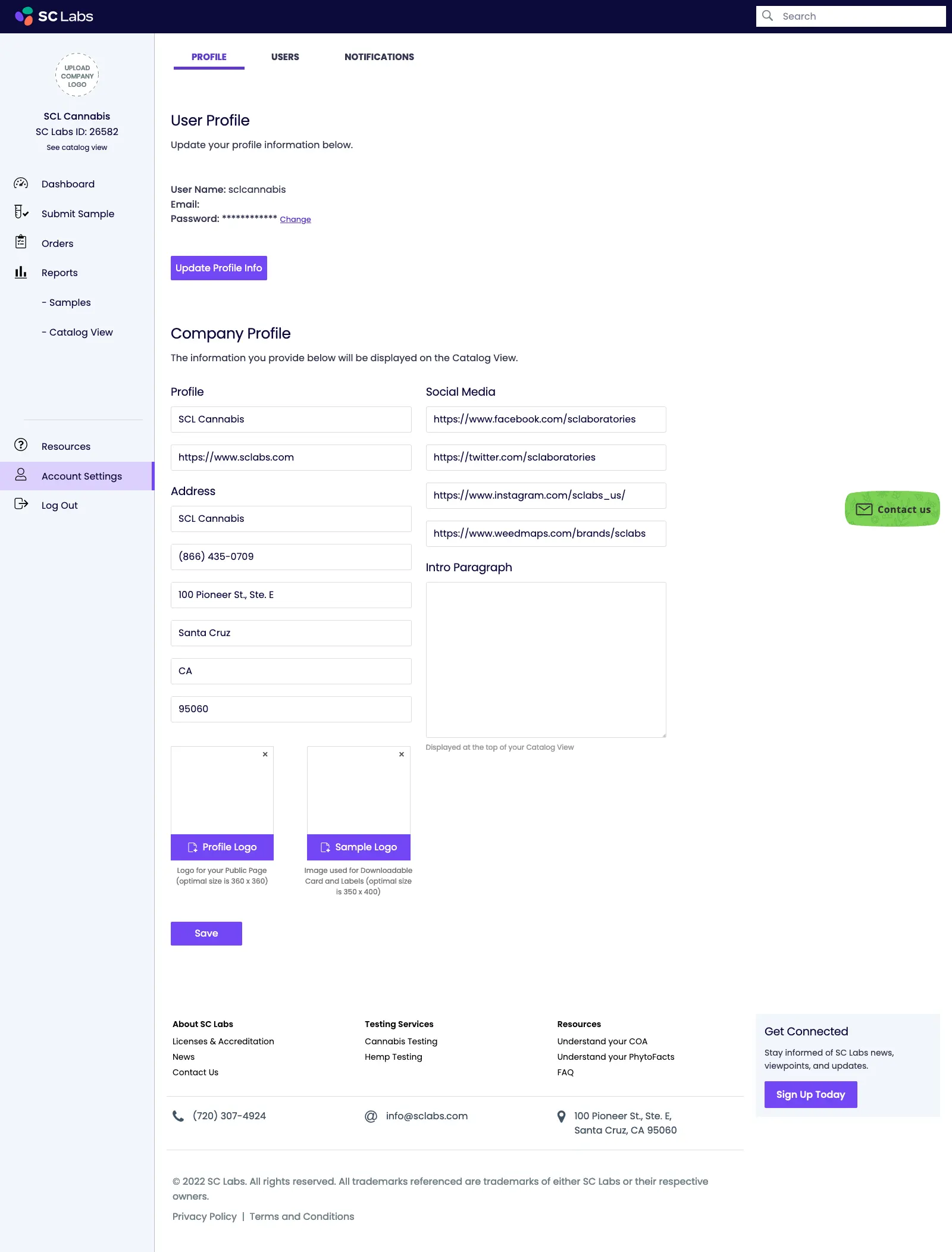 SC Labs CSP Account Settings: Profile