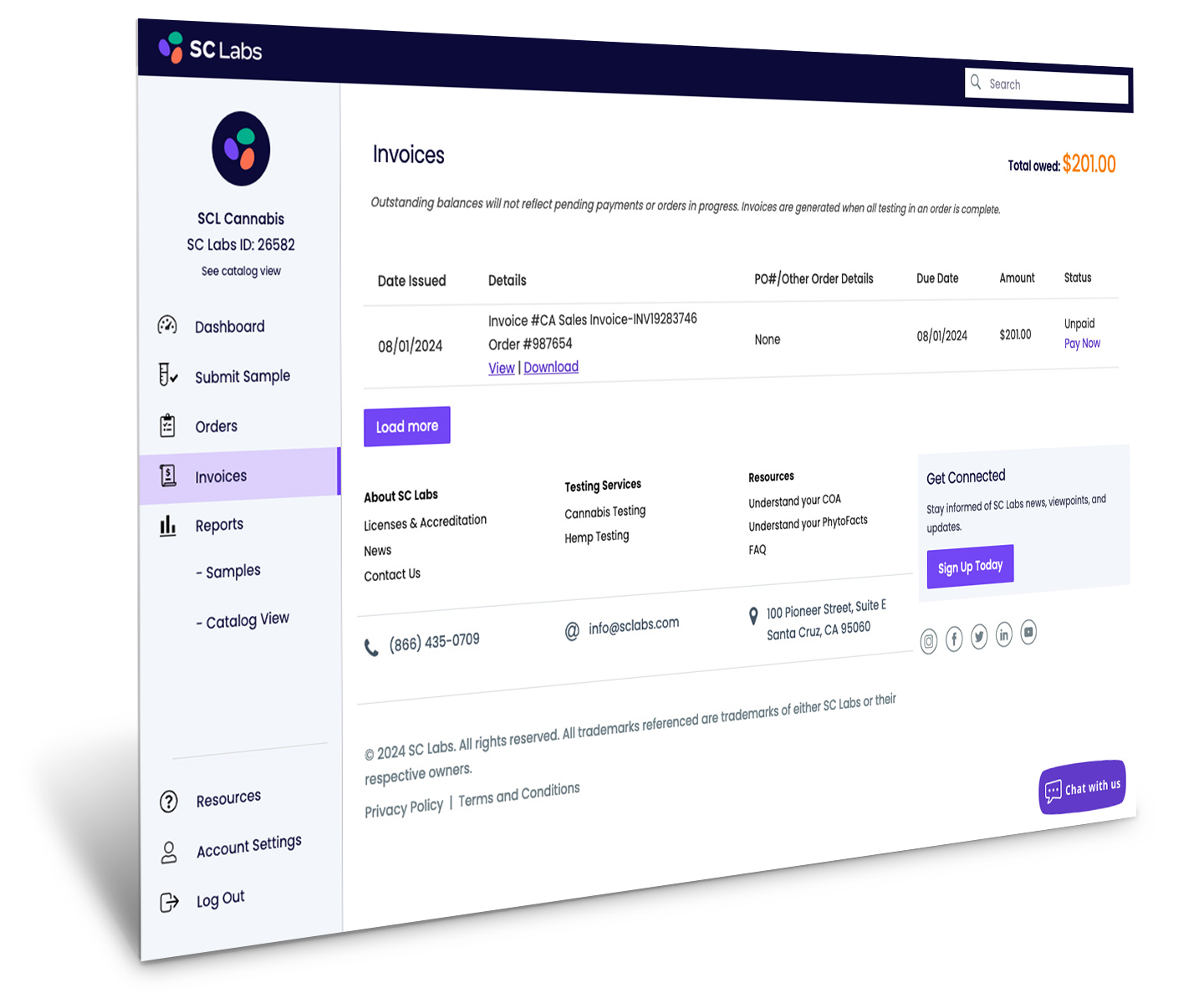 SC Labs CSP Invoicing page facing right