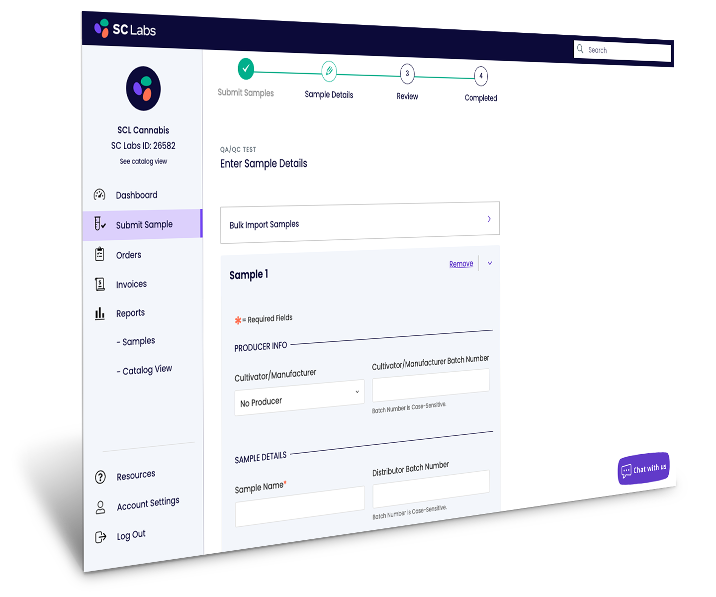 SC Labs CSP Submit Samples page facing right