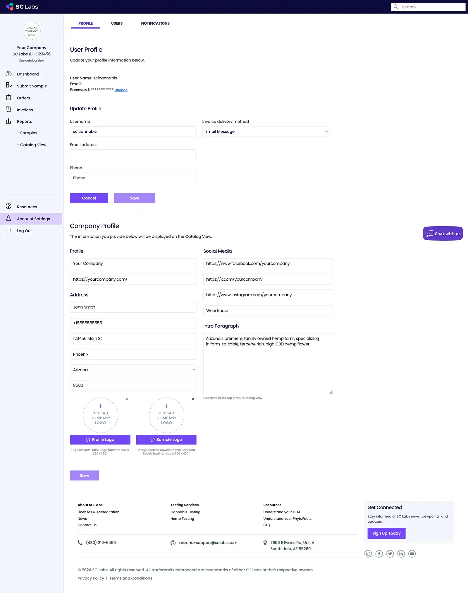SC Labs CSP Account Settings: Profile